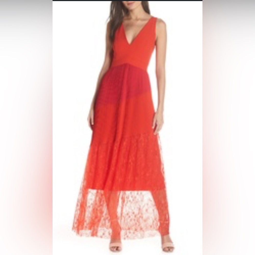HARLYN Nordstrom Maxi Formal Colorblock Red Lace Dress NWT